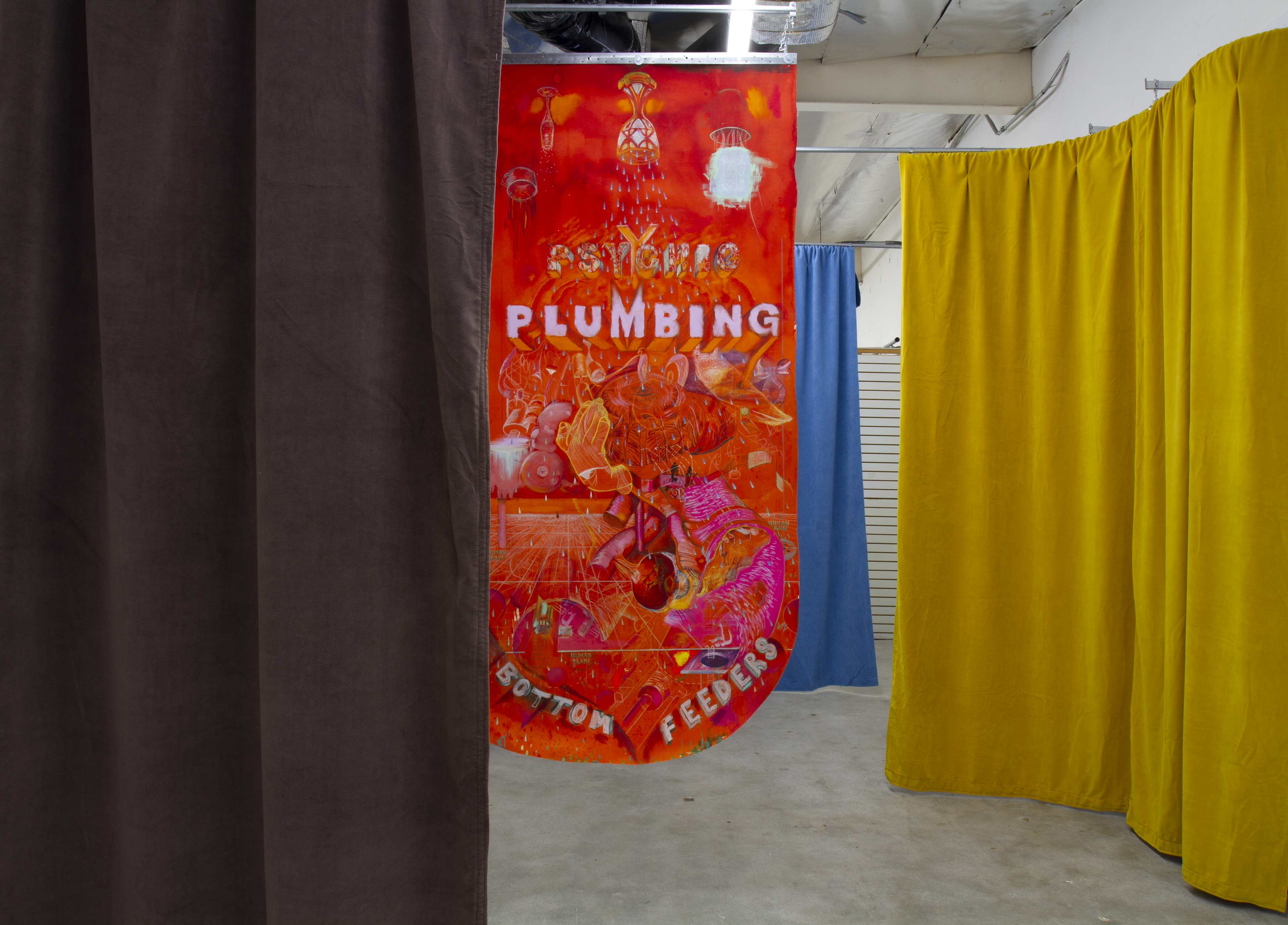 Exhibition documentation of Psychic Plumbing. Curated by Gan Uyeda featuring work by artist Stevie Cisneros Hanley, Sara Ludy, Alison O'Daniel, and Phil Peters. Exhibited at Canary Test gallery in Los Angeles, 2020